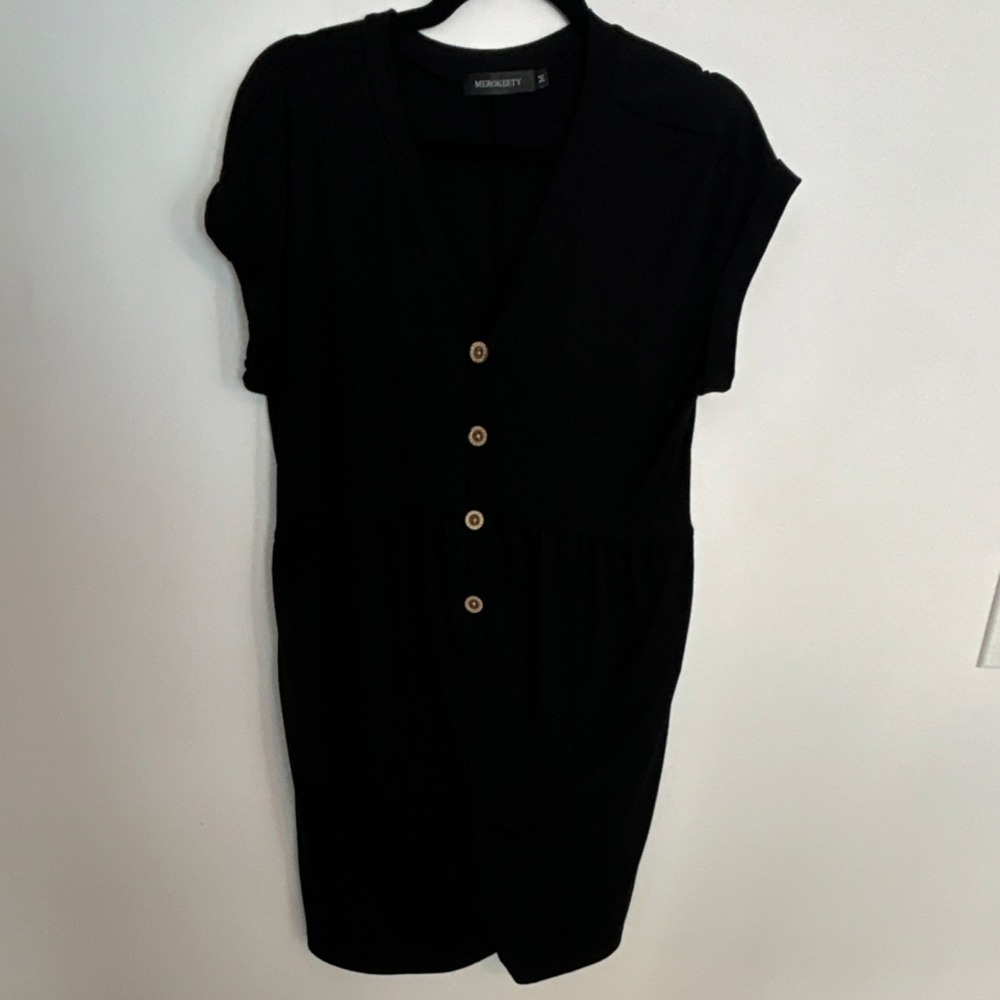 MEROKEETY Black Button Front Knit Jumper ‎ V-Neck Cap Sleeve Knee Length M Comfy